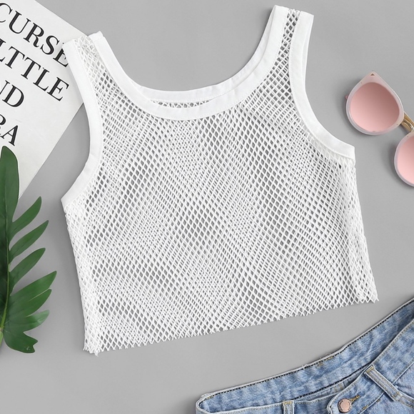 white fishnet crop top
